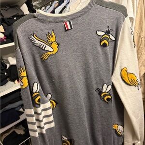 Gray Sweater with Bird and Bee Design